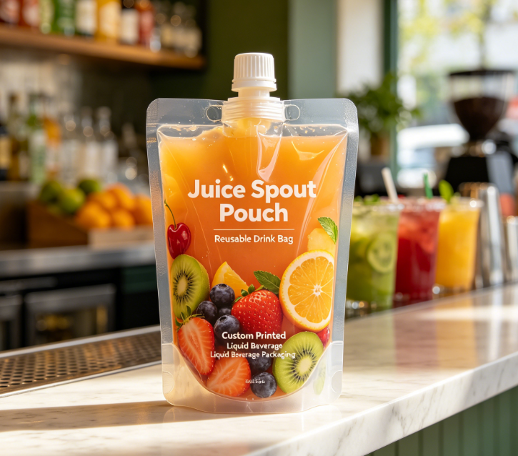 Egendefinert trykt juicetut-pose Gjenbrukbar flytende drikkestand-up-tutpose