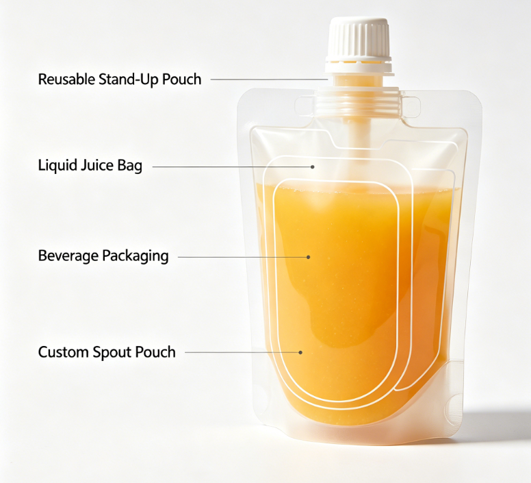 Egendefinert trykt juicetut-pose Gjenbrukbar flytende drikkestand-up-tutpose