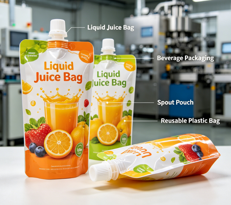 Egendefinert trykt juicetut-pose Gjenbrukbar flytende drikkestand-up-tutpose
