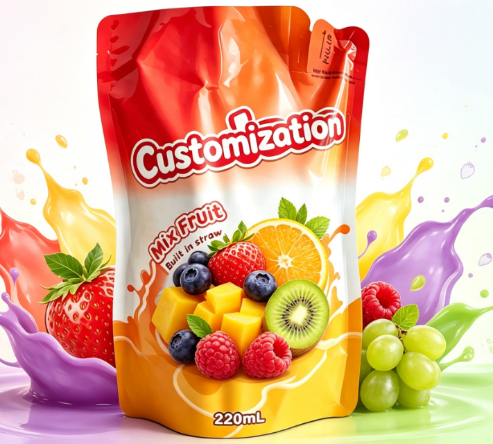 220 ml blandet fruktjuice innebygde halmposer tilpasset trykte drikkeemballasjeposer