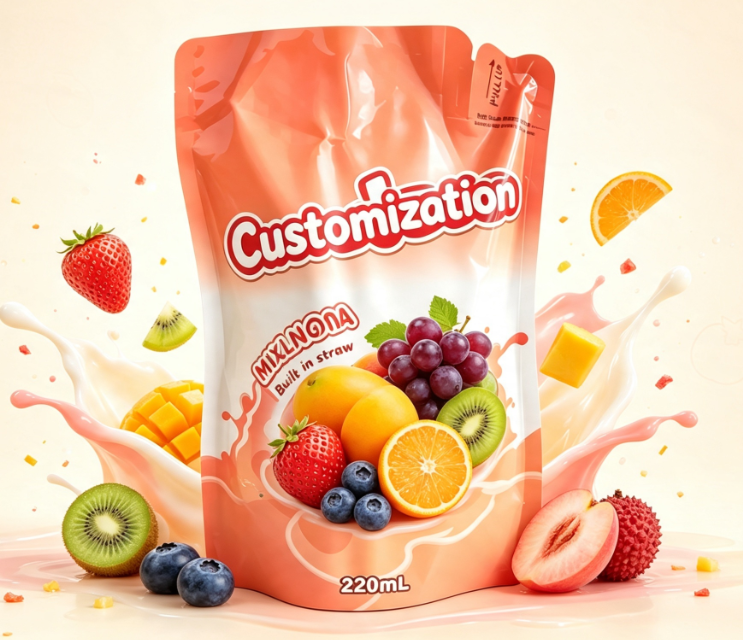 220 ml blandet fruktjuice innebygde halmposer tilpasset trykte drikkeemballasjeposer