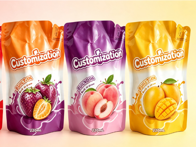 Multi Flavors 220 ml innebygde halmklemmeposer Egendefinerte fruktpuré- og juicepakker