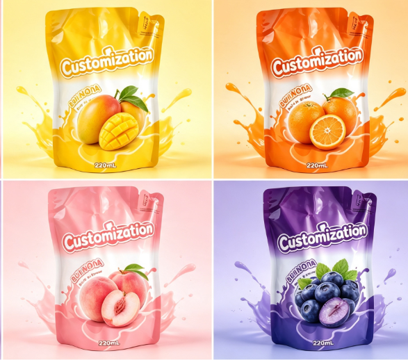Multi Flavors 220 ml innebygde halmklemmeposer Egendefinerte fruktpuré- og juicepakker