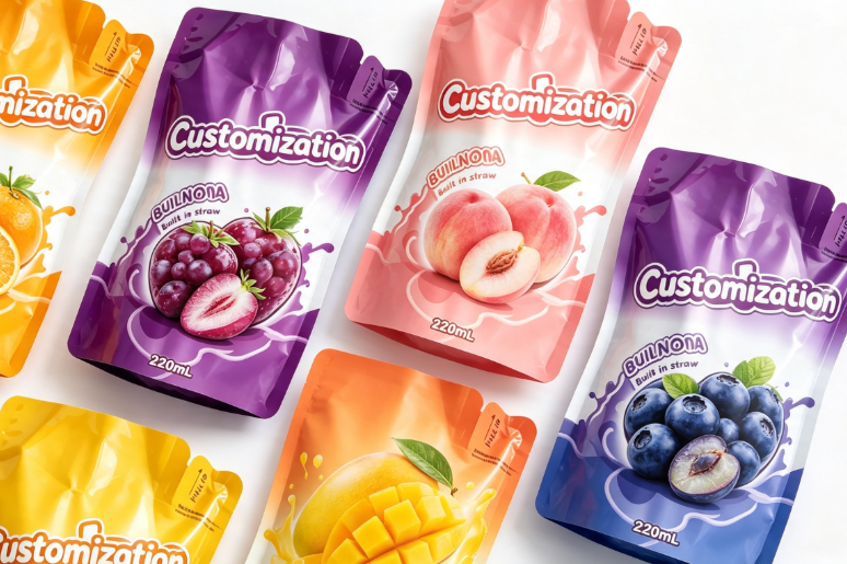 Multi Flavors 220 ml innebygde halmklemmeposer Egendefinerte fruktpuré- og juicepakker