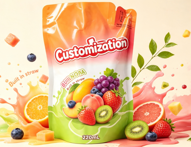 220 ml blandet fruktjuice innebygde halmposer tilpasset trykte drikkeemballasjeposer