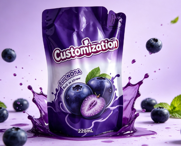 Multi Flavors 220 ml innebygde halmklemmeposer Egendefinerte fruktpuré- og juicepakker
