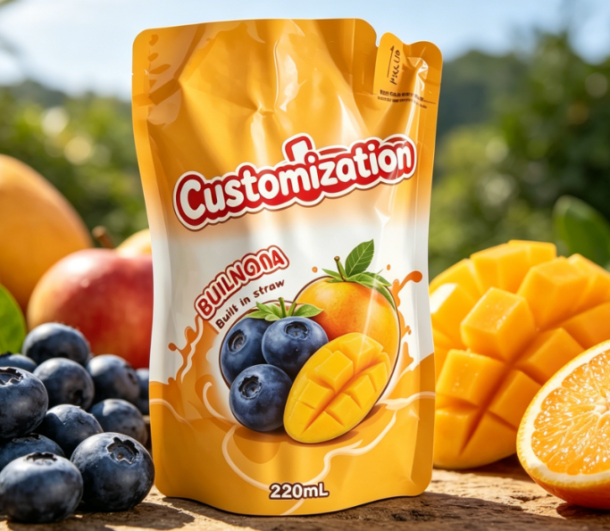 220 ml mangofruktpuré innebygde halmposer tilpasset trykte drikkepakkeposer